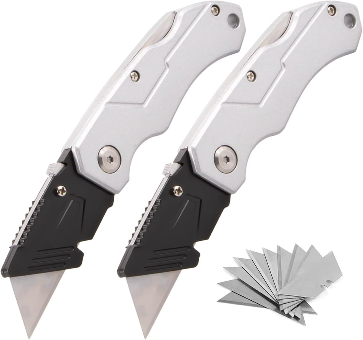 Box Cutter with 10 Extra Blades, Heavy Duty Folding Utility Knife for Cardboard, Carton, Carpet Cutting, Anti-slip ABS Handle, Quick Replace Blade