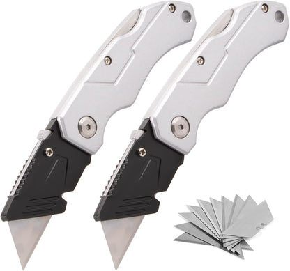 Box Cutter with 10 Extra Blades, Heavy Duty Folding Utility Knife for Cardboard, Carton, Carpet Cutting, Anti-slip ABS Handle, Quick Replace Blade