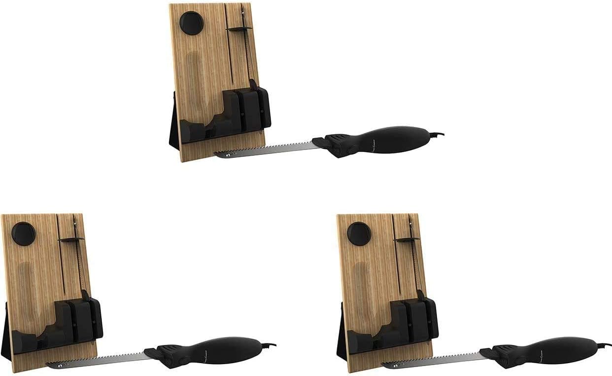 Electric Carving Knife Set with 2 Stainless Steel Blades, Comfort Grip Handle and Wood Storage Block For Slicing Bread, Meat, Etc , Silver