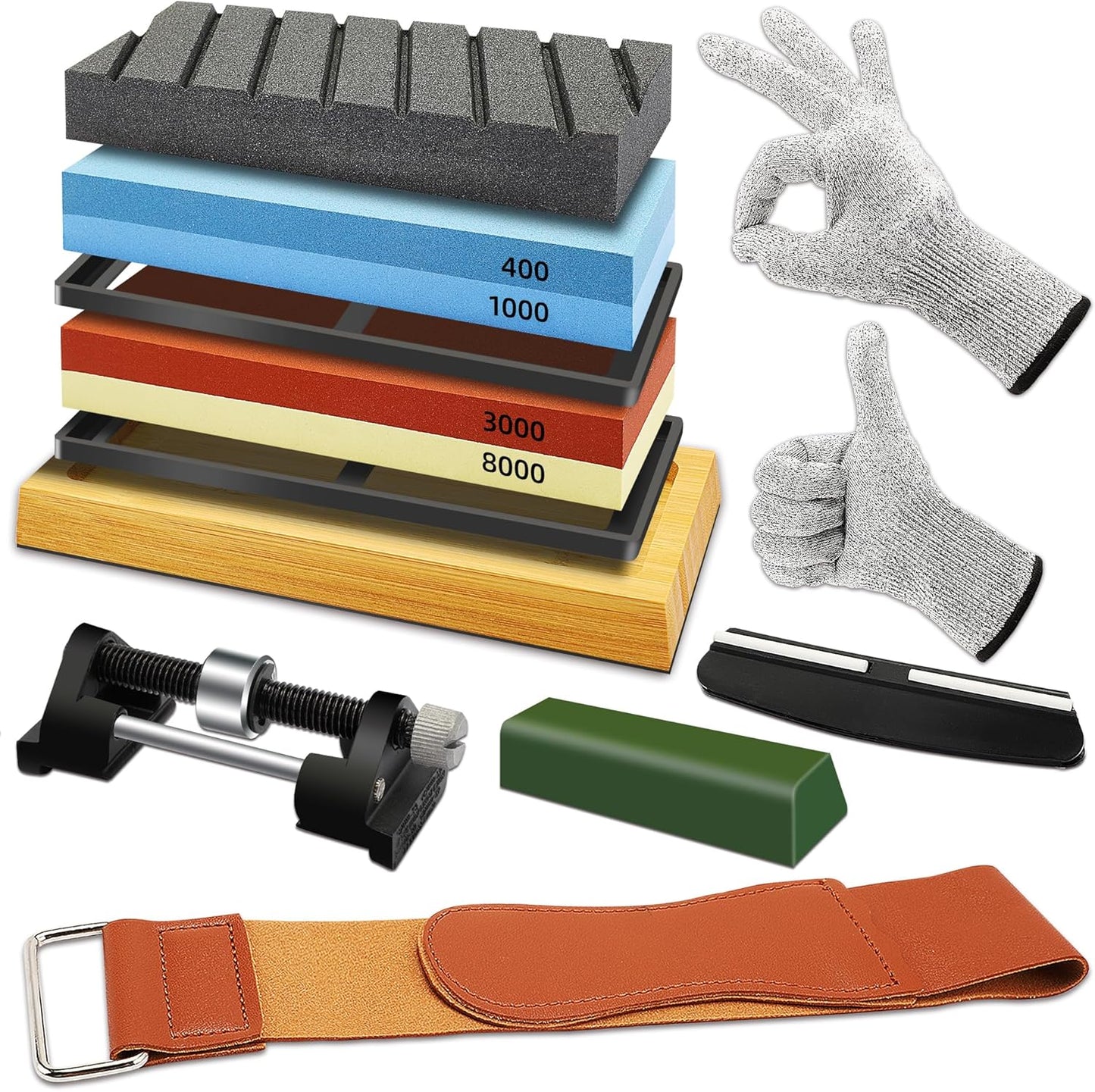 Knife Sharpening Stone Kit, 400/1000 & 3000/8000 Grit Whetstone Set with Bamboo Base, Angle Guide, Flattening Stone & Leather Strop