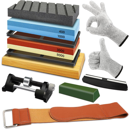 Knife Sharpening Stone Kit, 400/1000 & 3000/8000 Grit Whetstone Set with Bamboo Base, Angle Guide, Flattening Stone & Leather Strop