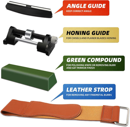 Knife Sharpening Stone Kit, 400/1000 & 3000/8000 Grit Whetstone Set with Bamboo Base, Angle Guide, Flattening Stone & Leather Strop