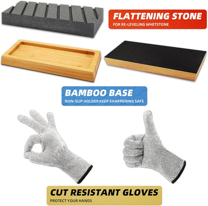 Knife Sharpening Stone Kit, 400/1000 & 3000/8000 Grit Whetstone Set with Bamboo Base, Angle Guide, Flattening Stone & Leather Strop