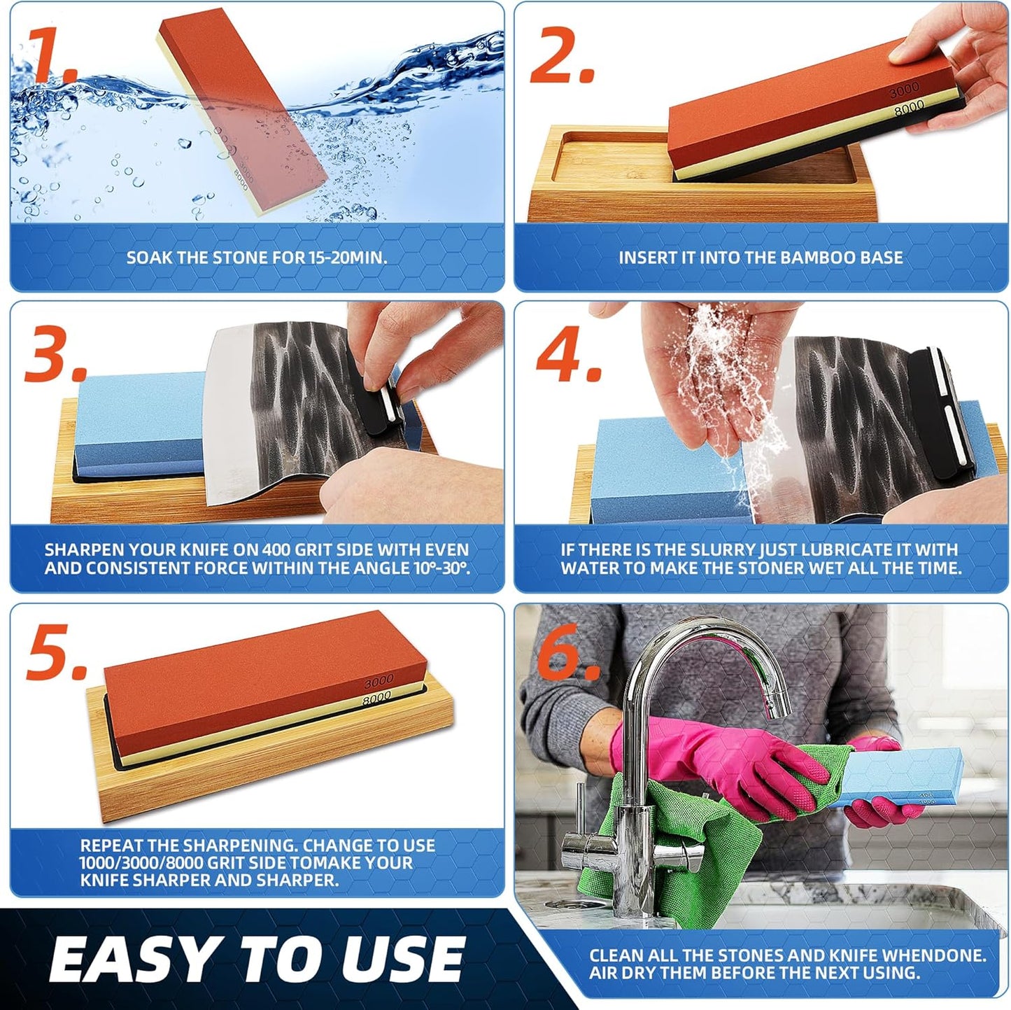 Knife Sharpening Stone Kit, 400/1000 & 3000/8000 Grit Whetstone Set with Bamboo Base, Angle Guide, Flattening Stone & Leather Strop