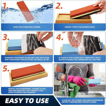 Knife Sharpening Stone Kit, 400/1000 & 3000/8000 Grit Whetstone Set with Bamboo Base, Angle Guide, Flattening Stone & Leather Strop