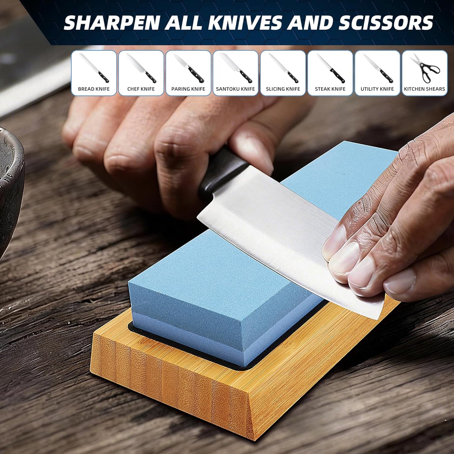 Knife Sharpening Stone Kit, 400/1000 & 3000/8000 Grit Whetstone Set with Bamboo Base, Angle Guide, Flattening Stone & Leather Strop