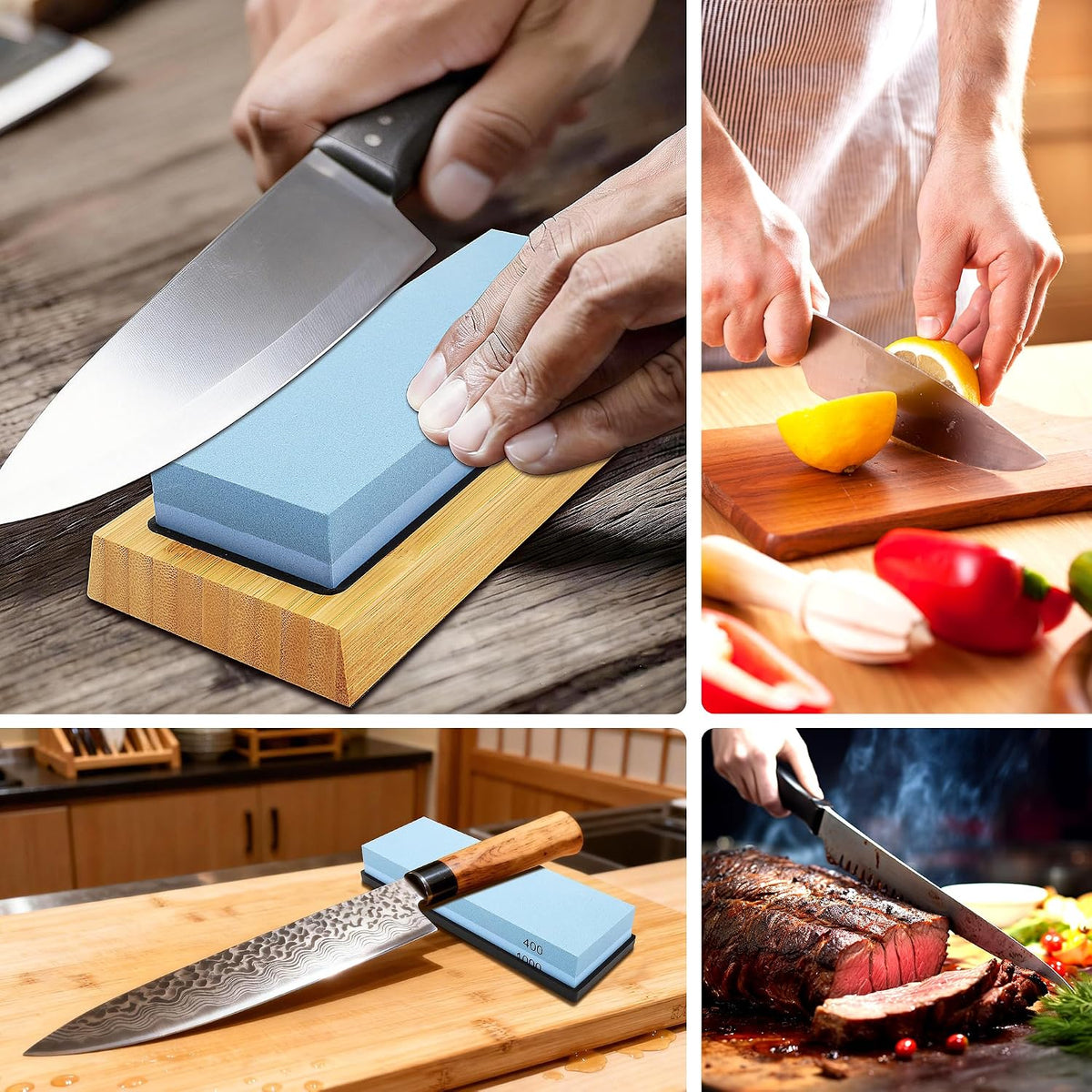 Knife Sharpening Stone Kit, 400/1000 & 3000/8000 Grit Whetstone Set with Bamboo Base, Angle Guide, Flattening Stone & Leather Strop