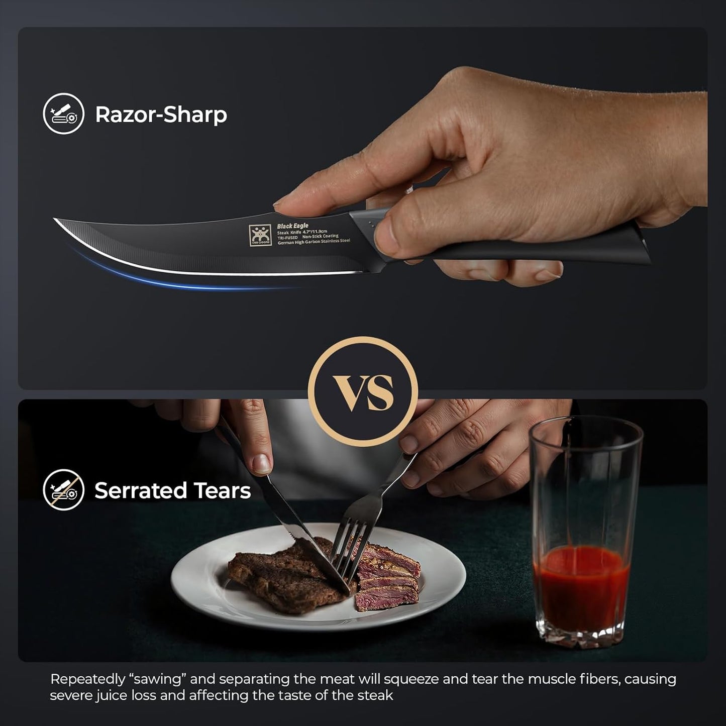 Steak Knives Set of 6, 4.7 Inch Dishwasher Safe Non-Serrated Table Knives, Ultra Sharp for Precise Cutting, Non-Stick Blade & Rust Proof, Easy to Maintain Ideal for Home Restaurant Party