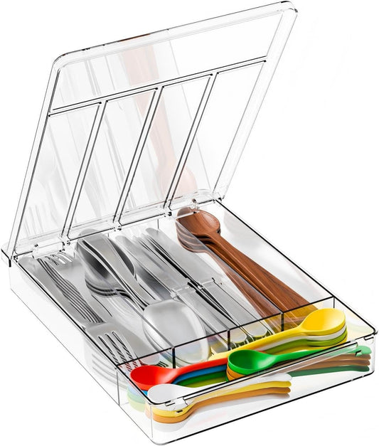 Clear Silverware Organizer with Lid - 9 inch Wide - Small Silverware Drawer Organizer & Tray and Utensil Drawer Organizers with Lid,BPA Free Plastic Flatware Drawers Organizers for Fork,Spoon