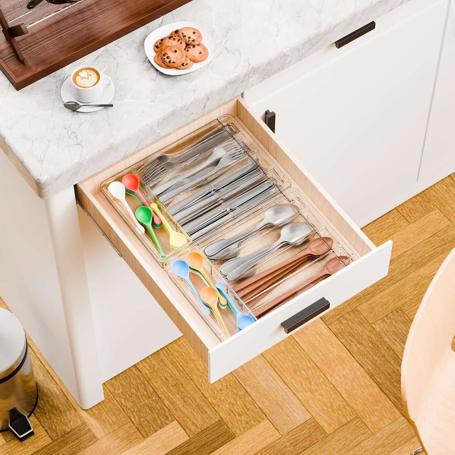 Clear Silverware Organizer with Lid - 9 inch Wide - Small Silverware Drawer Organizer & Tray and Utensil Drawer Organizers with Lid,BPA Free Plastic Flatware Drawers Organizers for Fork,Spoon