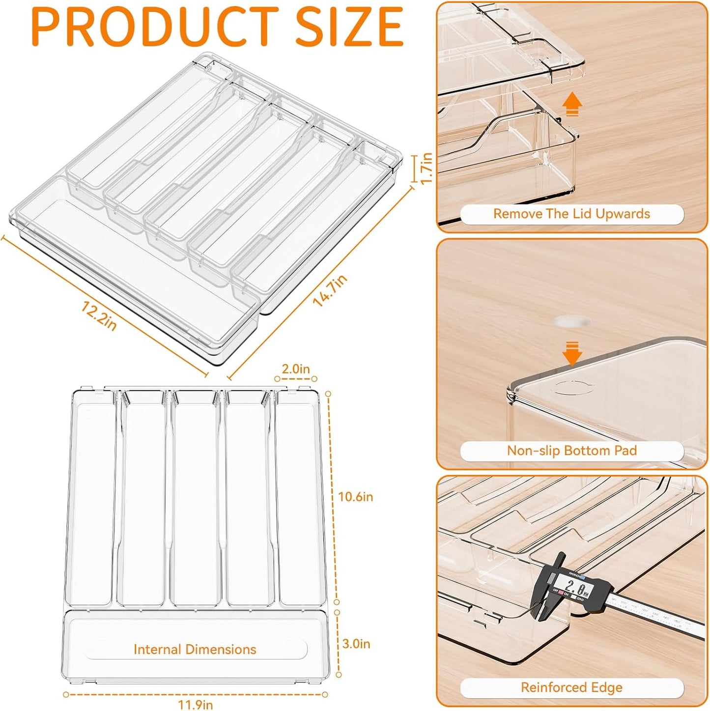 Clear Silverware Organizer with Lid - 9 inch Wide - Small Silverware Drawer Organizer & Tray and Utensil Drawer Organizers with Lid,BPA Free Plastic Flatware Drawers Organizers for Fork,Spoon