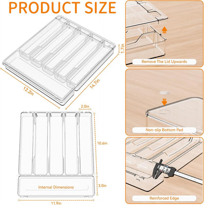 Clear Silverware Organizer with Lid - 9 inch Wide - Small Silverware Drawer Organizer & Tray and Utensil Drawer Organizers with Lid,BPA Free Plastic Flatware Drawers Organizers for Fork,Spoon