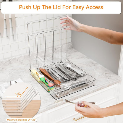 Clear Silverware Organizer with Lid - 9 inch Wide - Small Silverware Drawer Organizer & Tray and Utensil Drawer Organizers with Lid,BPA Free Plastic Flatware Drawers Organizers for Fork,Spoon
