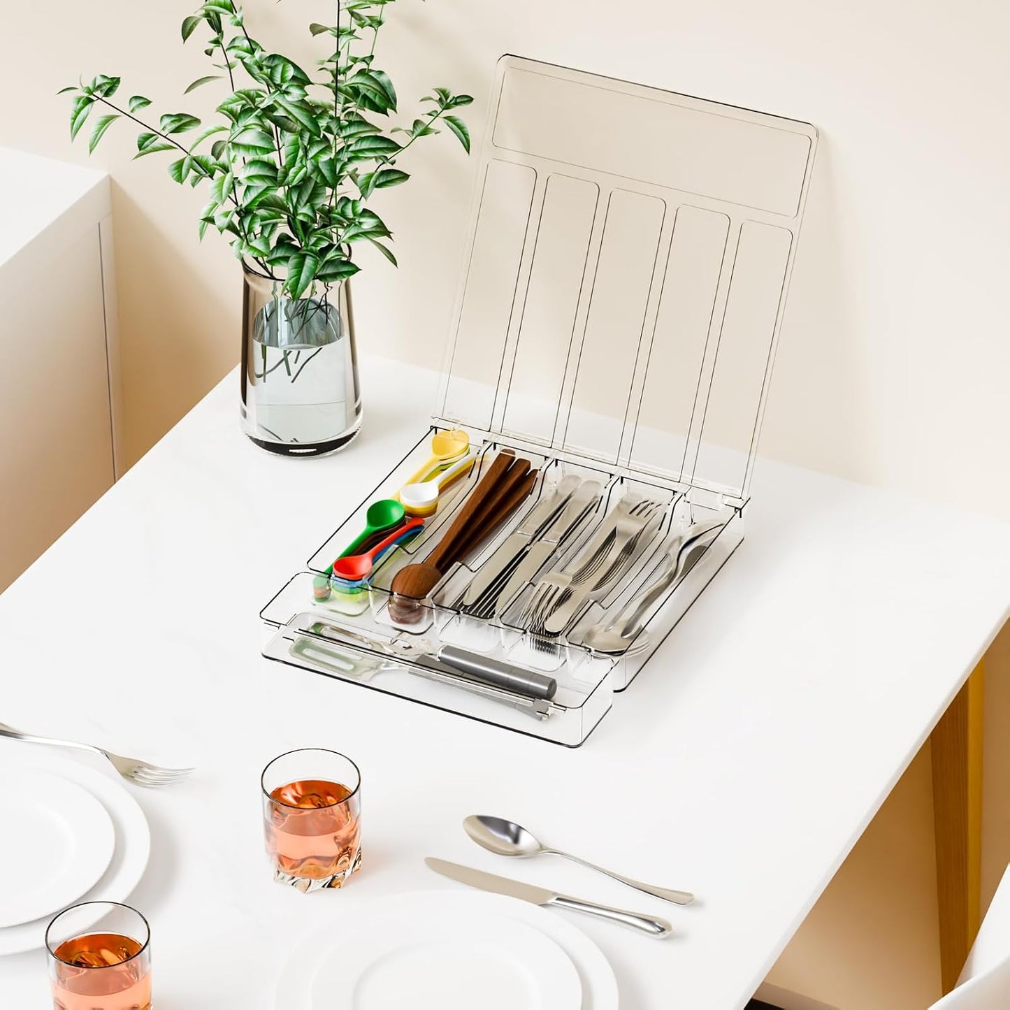Clear Silverware Organizer with Lid - 9 inch Wide - Small Silverware Drawer Organizer & Tray and Utensil Drawer Organizers with Lid,BPA Free Plastic Flatware Drawers Organizers for Fork,Spoon