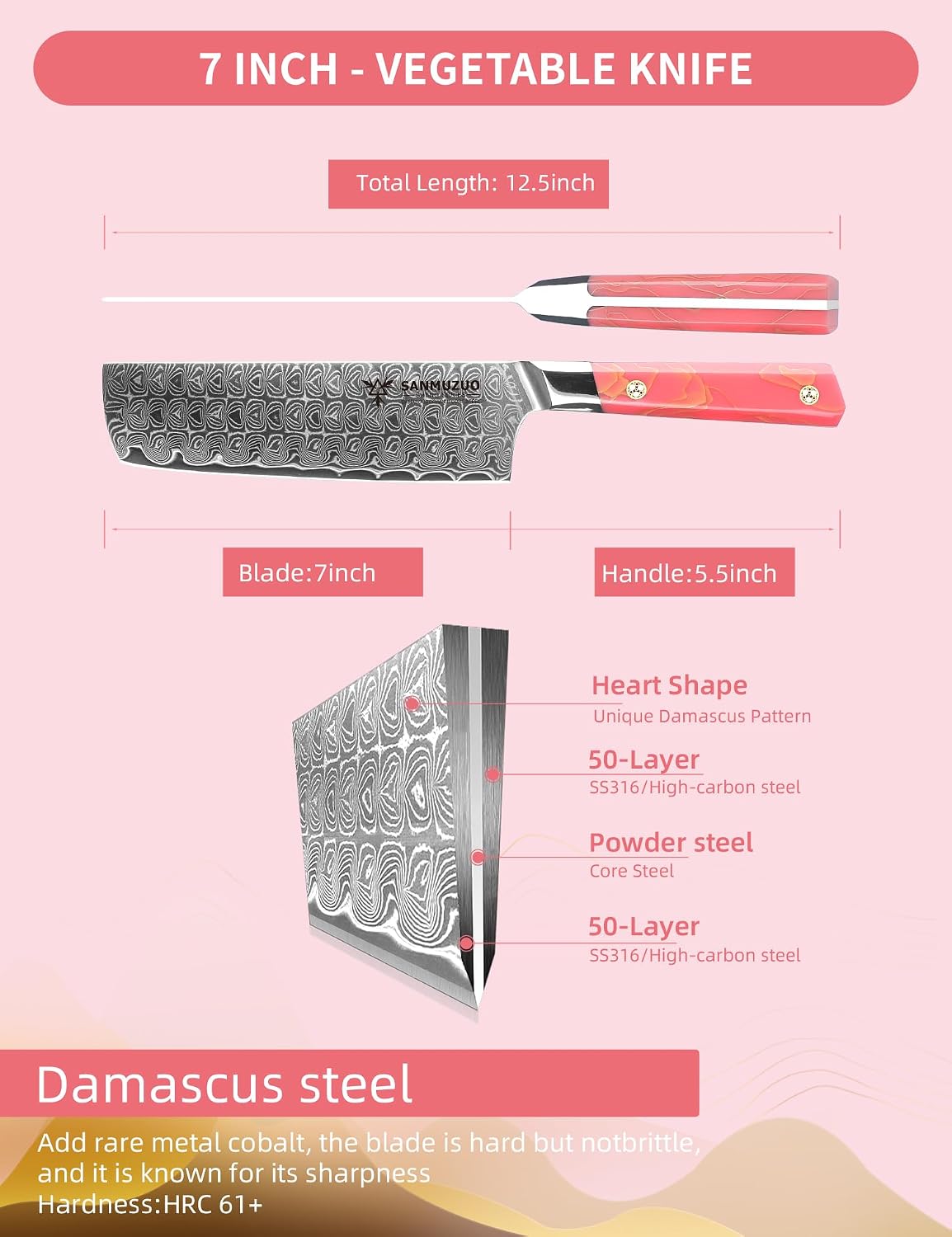 Kitchen Nakiri Knife 7 Inch, Professional Kitchen Chef Knife, Ultra Sharp Damascus Powder Steel with Full-tang Resin Handle, SHENG Series