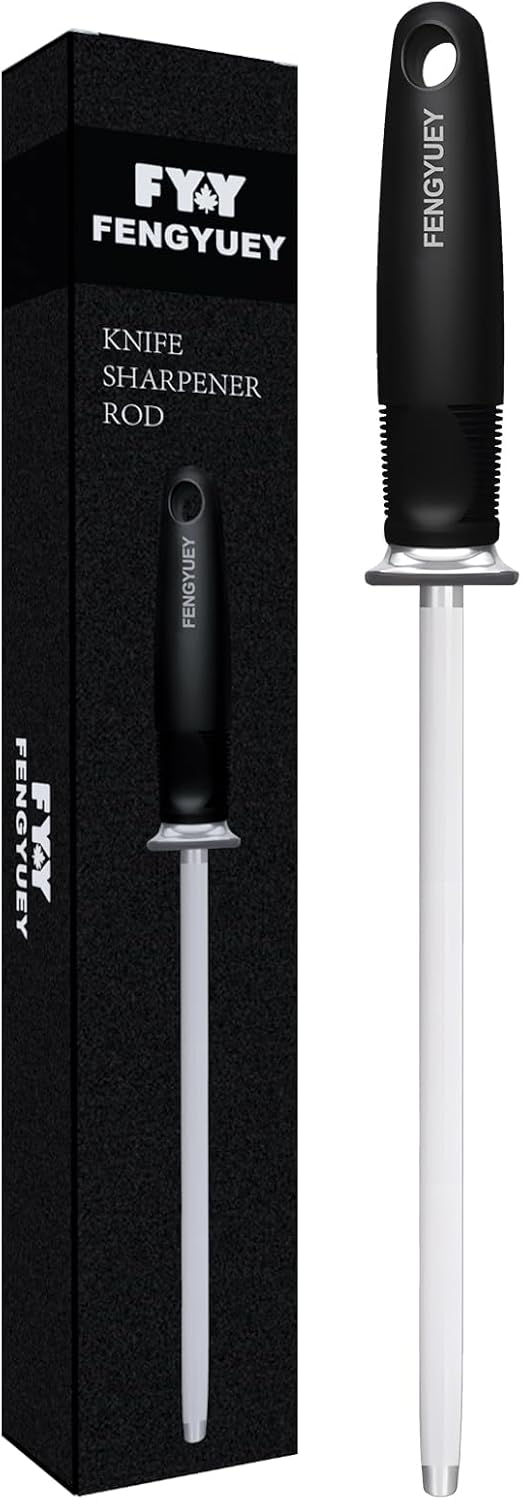 Knife Sharpener Rod [Original] - Carbon Steel Professional Knife Sharpening Steel, Honing Rod for Kitchen Knives | Ergonomic Large Soft-touch Handle with Hanging Hole | 14-inch Black