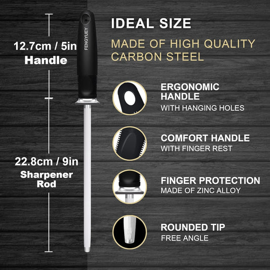 Knife Sharpener Rod [Original] - Carbon Steel Professional Knife Sharpening Steel, Honing Rod for Kitchen Knives | Ergonomic Large Soft-touch Handle with Hanging Hole | 14-inch Black