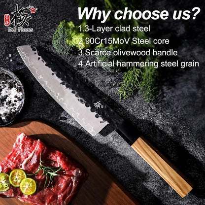 9 Inch Japanese Kiritsuke Chef Knife, Hand Forged High Carbon Steel Gyuto Kitchen Knife for Meat Fish Vegetables, Professional Cooking Knife with Olive Wood Octagonal Handle & Gift Box