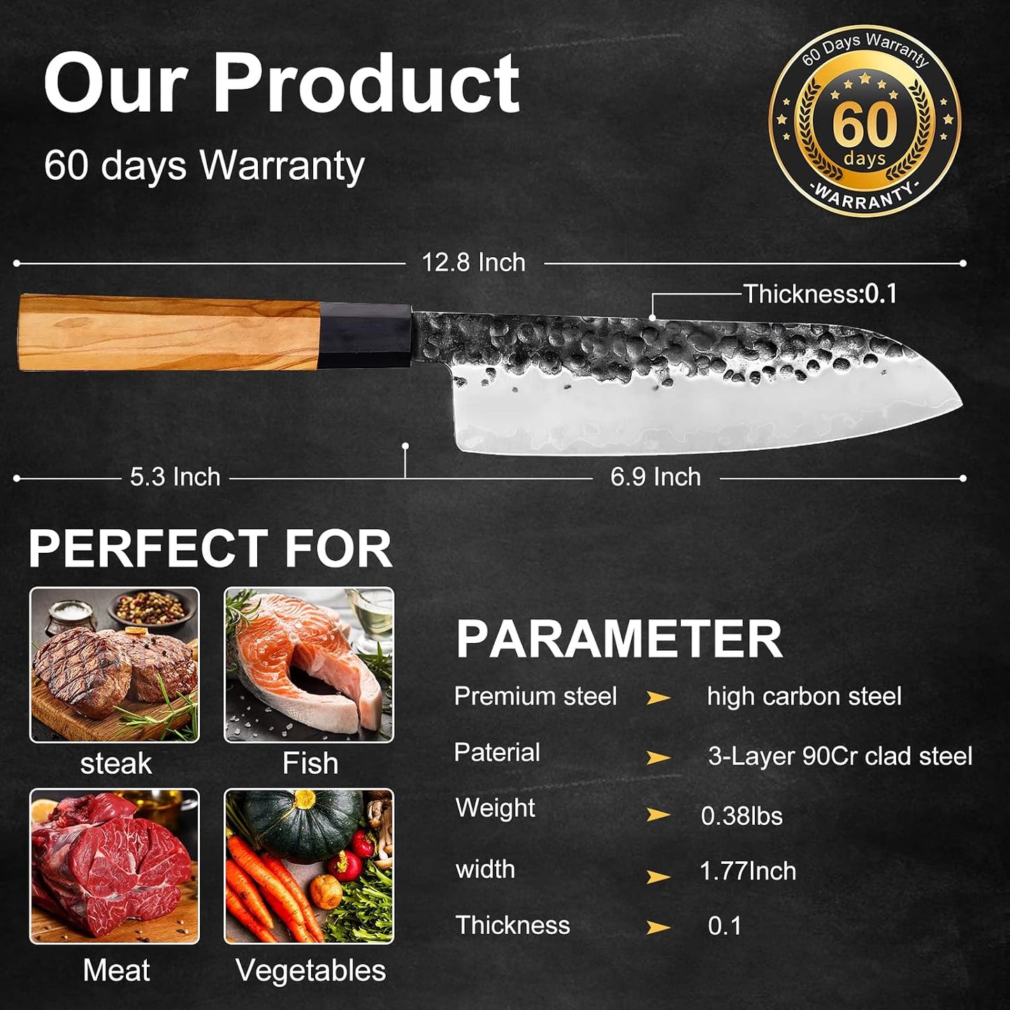 9 Inch Japanese Kiritsuke Chef Knife, Hand Forged High Carbon Steel Gyuto Kitchen Knife for Meat Fish Vegetables, Professional Cooking Knife with Olive Wood Octagonal Handle & Gift Box