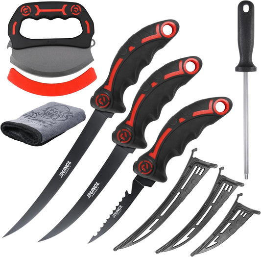 Ulu & Fillet Knife Set – 5”, 7”, 9” German High Carbon Steel Blades with Sheaths, Non-Slip Handles, Honing Rod & Carry Bag, Mezzaluna Knife for Kitchen, BBQ, Camping & Fishing, Gift for Father's Day