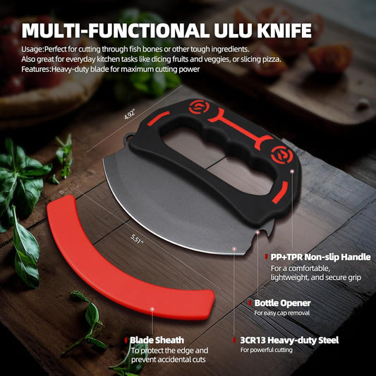 Ulu & Fillet Knife Set – 5”, 7”, 9” German High Carbon Steel Blades with Sheaths, Non-Slip Handles, Honing Rod & Carry Bag, Mezzaluna Knife for Kitchen, BBQ, Camping & Fishing, Gift for Father's Day