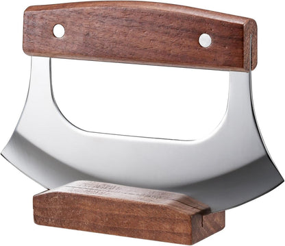 Ulu Knife with Stand for Cutter Pizza Meat Vegetables Herb Salad | Stainless Steel Blade, Walnut Wood Handle, Sharp Rocker Mezzaluna Knife, Kitchen Essentials Accessories and Gadgets Tools