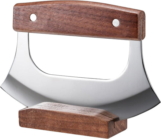 Ulu Knife with Stand for Cutter Pizza Meat Vegetables Herb Salad | Stainless Steel Blade, Walnut Wood Handle, Sharp Rocker Mezzaluna Knife, Kitchen Essentials Accessories and Gadgets Tools