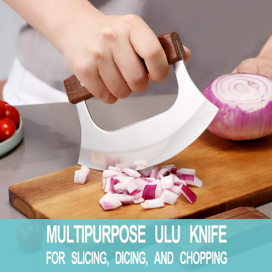 Ulu Knife with Stand for Cutter Pizza Meat Vegetables Herb Salad | Stainless Steel Blade, Walnut Wood Handle, Sharp Rocker Mezzaluna Knife, Kitchen Essentials Accessories and Gadgets Tools