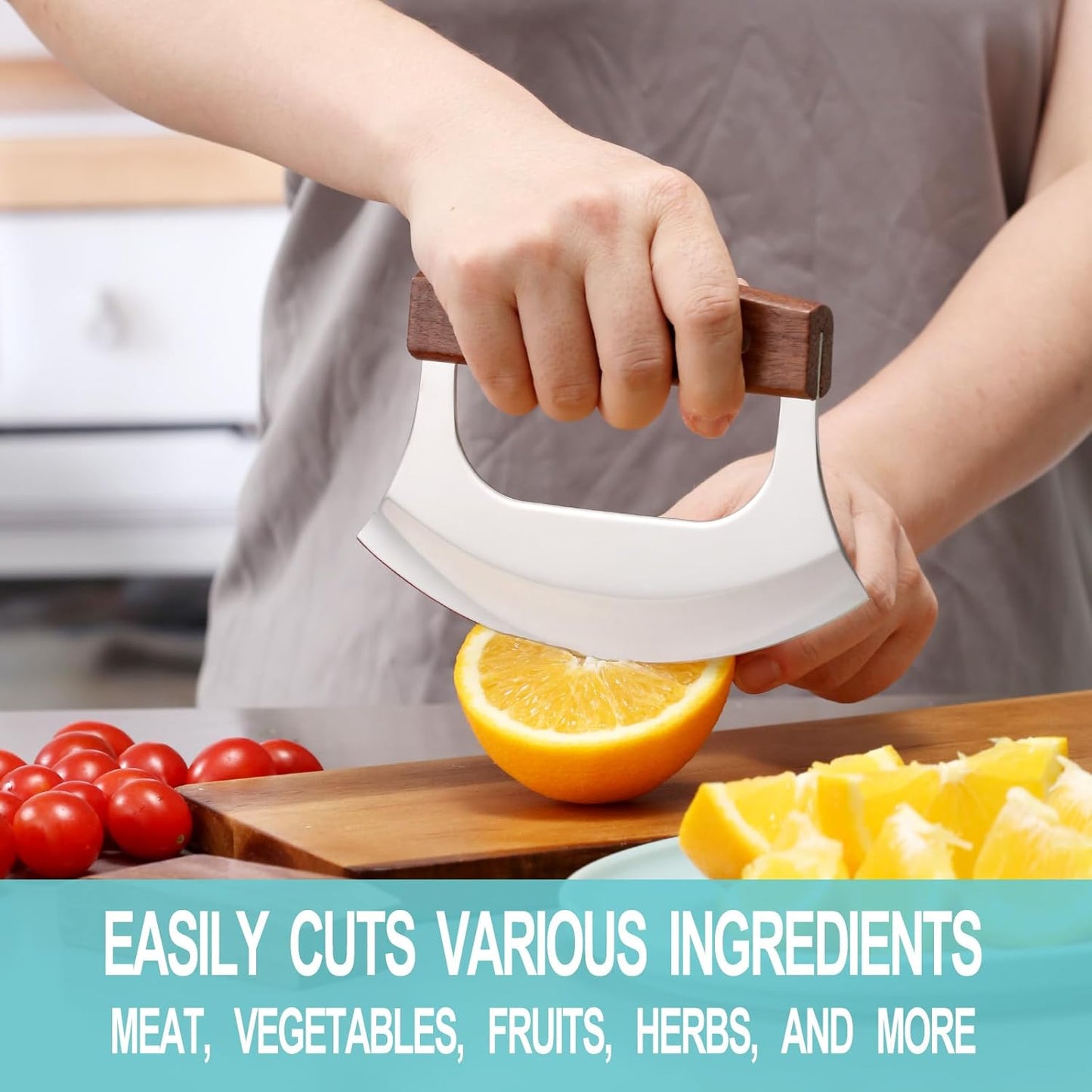 Ulu Knife with Stand for Cutter Pizza Meat Vegetables Herb Salad | Stainless Steel Blade, Walnut Wood Handle, Sharp Rocker Mezzaluna Knife, Kitchen Essentials Accessories and Gadgets Tools