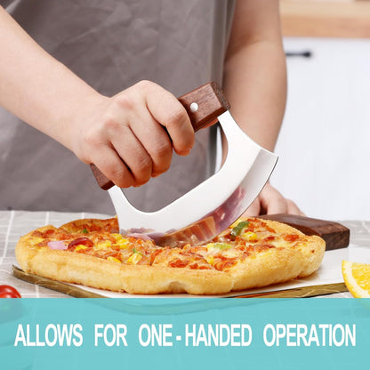 Ulu Knife with Stand for Cutter Pizza Meat Vegetables Herb Salad | Stainless Steel Blade, Walnut Wood Handle, Sharp Rocker Mezzaluna Knife, Kitchen Essentials Accessories and Gadgets Tools