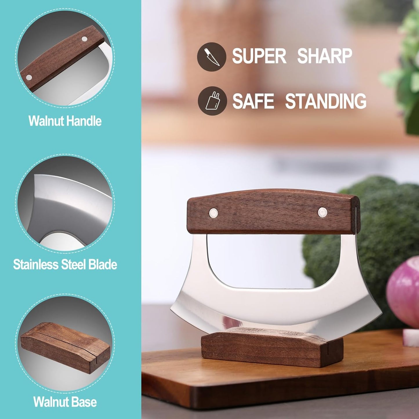 Ulu Knife with Stand for Cutter Pizza Meat Vegetables Herb Salad | Stainless Steel Blade, Walnut Wood Handle, Sharp Rocker Mezzaluna Knife, Kitchen Essentials Accessories and Gadgets Tools
