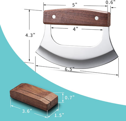Ulu Knife with Stand for Cutter Pizza Meat Vegetables Herb Salad | Stainless Steel Blade, Walnut Wood Handle, Sharp Rocker Mezzaluna Knife, Kitchen Essentials Accessories and Gadgets Tools