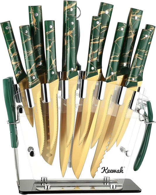 Knife Set, 16 Piece Kitchen Knives set with Acrylic Stand, Gold