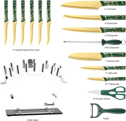 Knife Set, 16 Piece Kitchen Knives set with Acrylic Stand, Gold