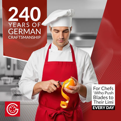Giesser since 1776, Made in Germany, Santoku 7,5 inch, Ultra Slip Resistant, Dishwashersafe, rustfree, Japanese Chef Knife with small Peeling Knife (1)