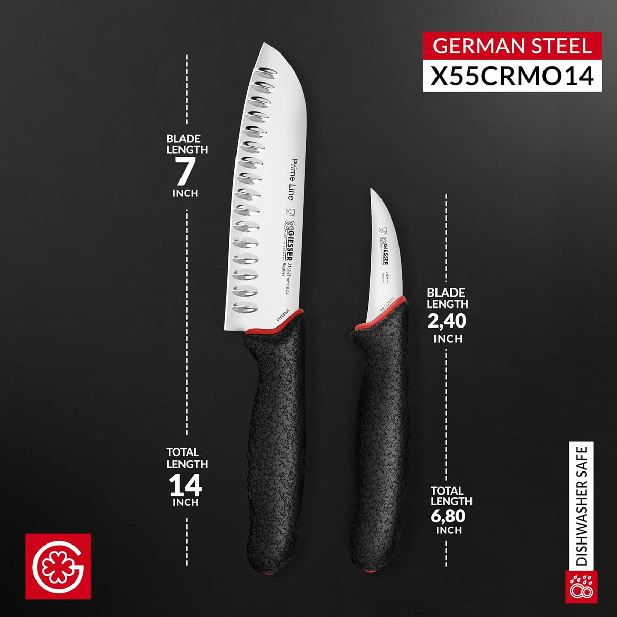 Giesser since 1776, Made in Germany, Santoku 7,5 inch, Ultra Slip Resistant, Dishwashersafe, rustfree, Japanese Chef Knife with small Peeling Knife (1)