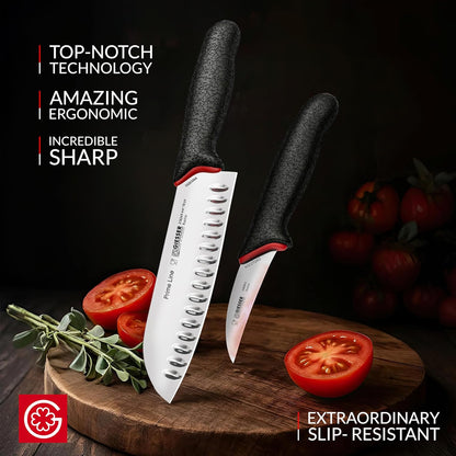 Giesser since 1776, Made in Germany, Santoku 7,5 inch, Ultra Slip Resistant, Dishwashersafe, rustfree, Japanese Chef Knife with small Peeling Knife (1)