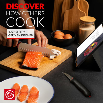 Giesser since 1776, Made in Germany, Santoku 7,5 inch, Ultra Slip Resistant, Dishwashersafe, rustfree, Japanese Chef Knife with small Peeling Knife (1)