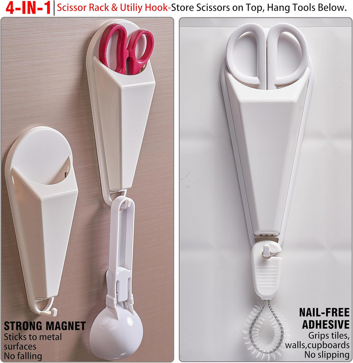 4Pack Magnetic Scissor Holder for Fridge – Never Lose Scissors! | Kitchen & Office Storage Organizer with Drain Hole & Hooks, Detachable Magnet Holder Sticks to Refrigerator for Large Shears