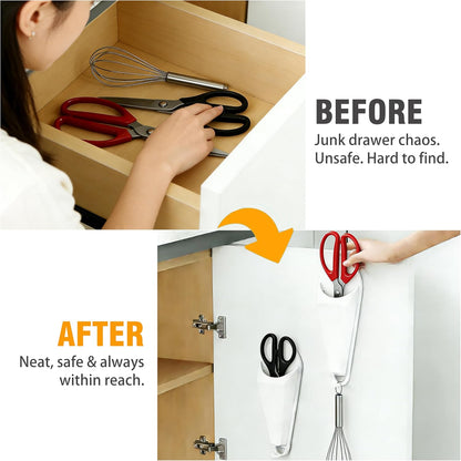 4Pack Magnetic Scissor Holder for Fridge – Never Lose Scissors! | Kitchen & Office Storage Organizer with Drain Hole & Hooks, Detachable Magnet Holder Sticks to Refrigerator for Large Shears