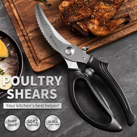 Heavy Duty Kitchen Poultry Shears with 2 Springs, Non-Slip Handle & Safety Lock, Dishwasher Safe, Stainless Steel Scissors for Meat, Chicken, Bones, Fish, Vegetables, and More