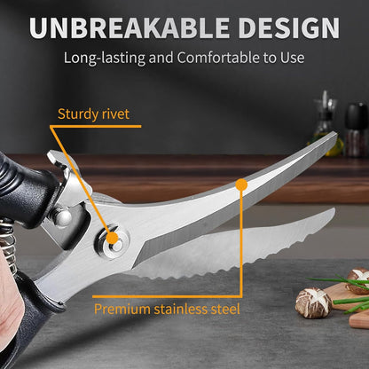 Heavy Duty Kitchen Poultry Shears with 2 Springs, Non-Slip Handle & Safety Lock, Dishwasher Safe, Stainless Steel Scissors for Meat, Chicken, Bones, Fish, Vegetables, and More