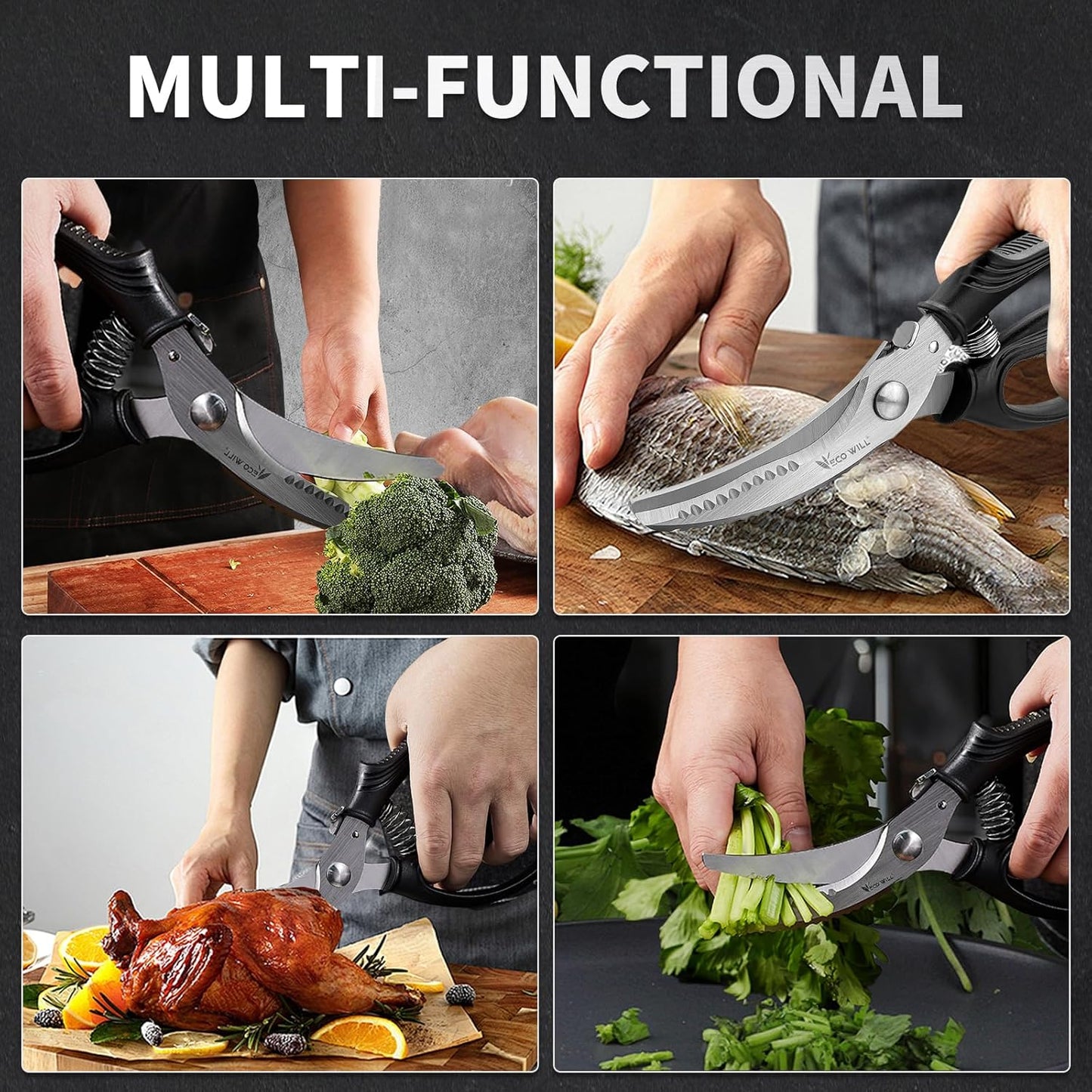 Heavy Duty Kitchen Poultry Shears with 2 Springs, Non-Slip Handle & Safety Lock, Dishwasher Safe, Stainless Steel Scissors for Meat, Chicken, Bones, Fish, Vegetables, and More