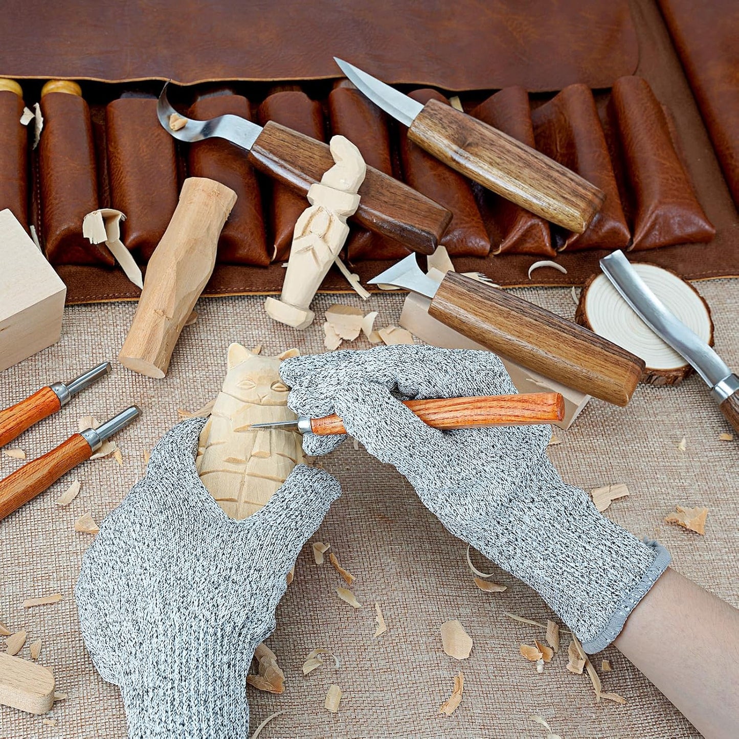 Wood Carving Kit, 20Pcs Wood Carving Tools with Leather Storage Bag, Whittling Kit with 3Pcs Chisels & 8Pcs Whittling Knives & 5 Detail Knives for Beginners and Enthusiasts
