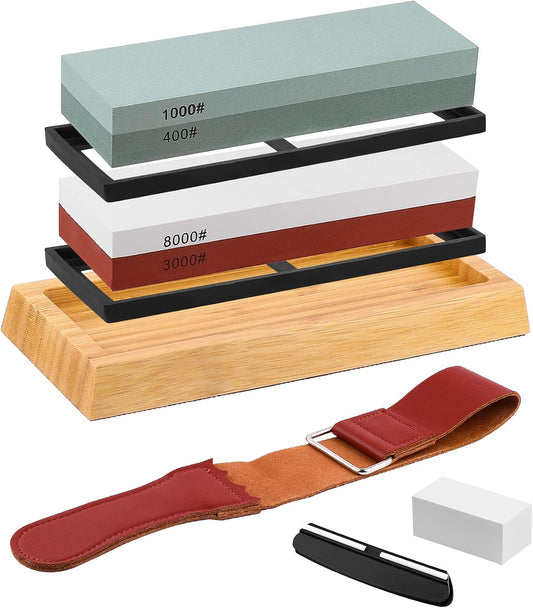 Sharpening Stone Whetstone Set Kitchen Knife Sharpener Stone Wet Stones for Sharping Knives Kit with Non-slip Rubber Base (400/1000+3000/8000)