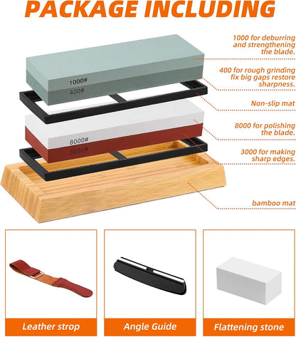 Sharpening Stone Whetstone Set Kitchen Knife Sharpener Stone Wet Stones for Sharping Knives Kit with Non-slip Rubber Base (400/1000+3000/8000)