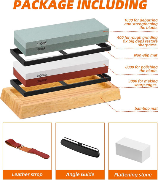 Sharpening Stone Whetstone Set Kitchen Knife Sharpener Stone Wet Stones for Sharping Knives Kit with Non-slip Rubber Base (400/1000+3000/8000)