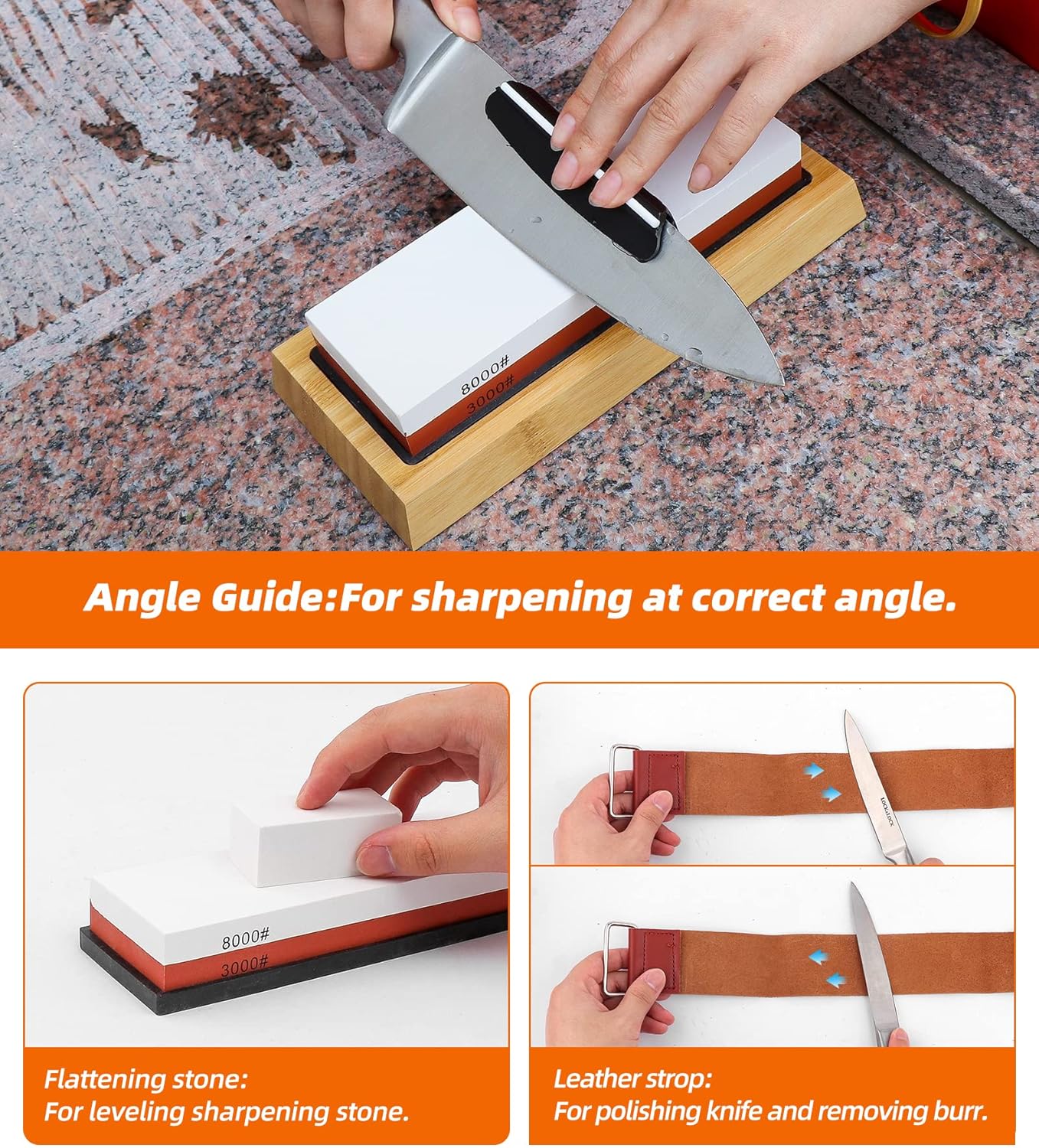 Sharpening Stone Whetstone Set Kitchen Knife Sharpener Stone Wet Stones for Sharping Knives Kit with Non-slip Rubber Base (400/1000+3000/8000)