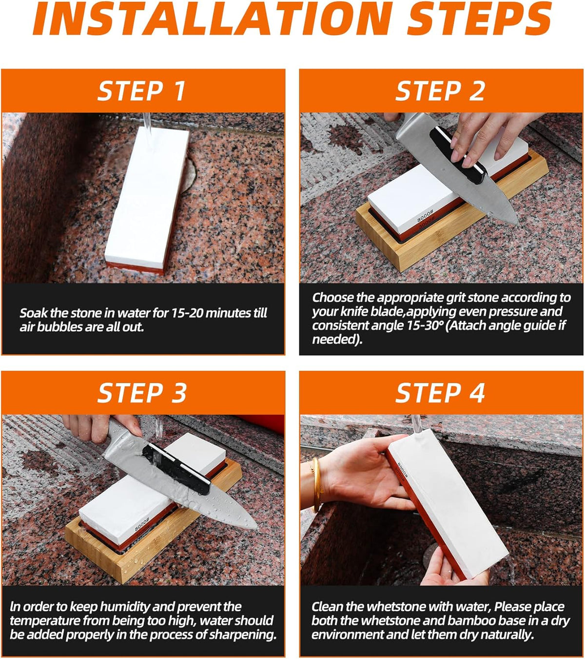 Sharpening Stone Whetstone Set Kitchen Knife Sharpener Stone Wet Stones for Sharping Knives Kit with Non-slip Rubber Base (400/1000+3000/8000)