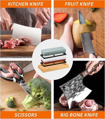 Sharpening Stone Whetstone Set Kitchen Knife Sharpener Stone Wet Stones for Sharping Knives Kit with Non-slip Rubber Base (400/1000+3000/8000)